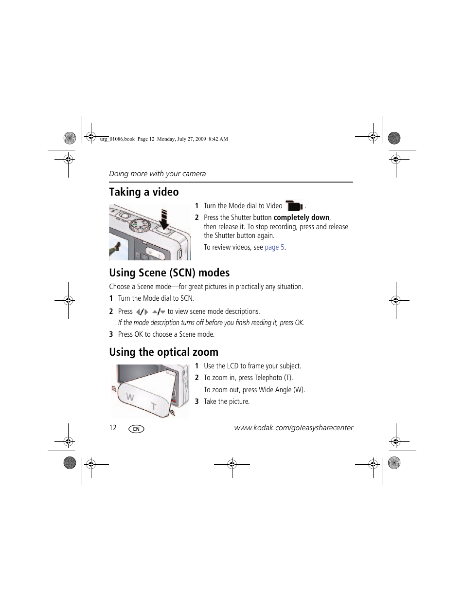 Taking a video, Using scene (scn) modes, Using the optical zoom | Kodak KLIC-7003 User Manual | Page 12 / 23