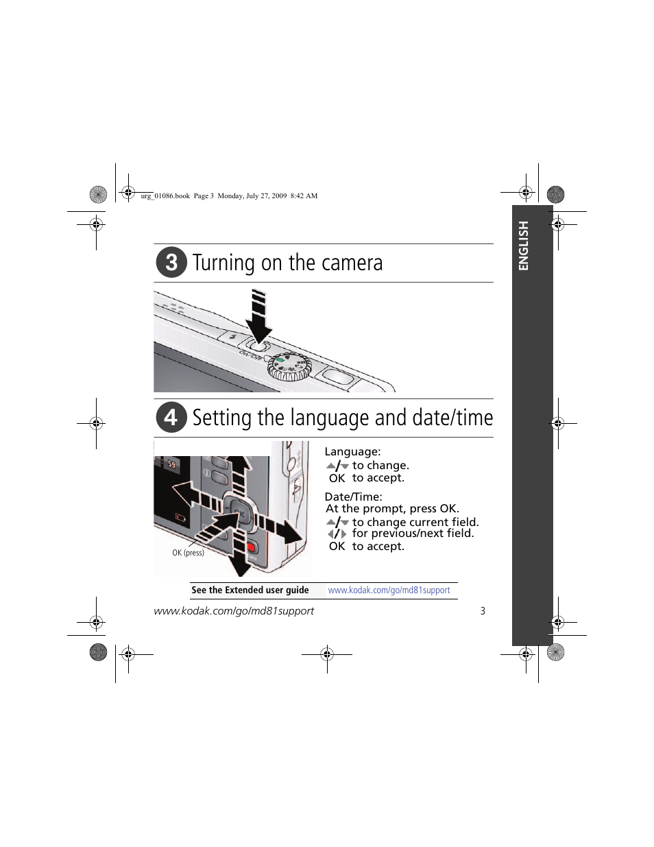 Turning on the camera, Setting the language and date/time | Kodak KLIC-7003 User Manual | Page 3 / 23