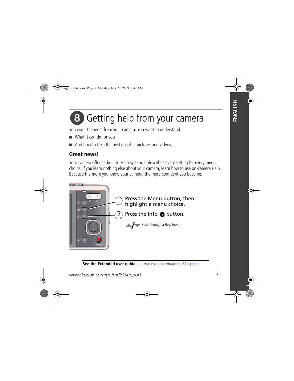 Getting help from your camera | Kodak KLIC-7003 User Manual | Page 7 / 23