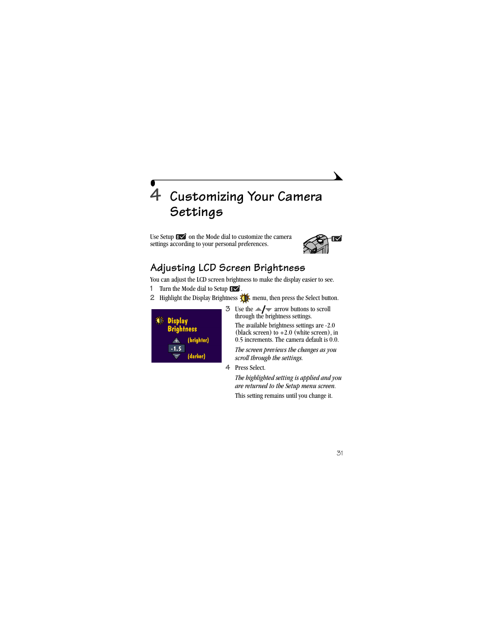 4 customizing your camera settings, Adjusting lcd screen brightness, Customizing your camera settings | Kodak DX3500 User Manual | Page 39 / 92