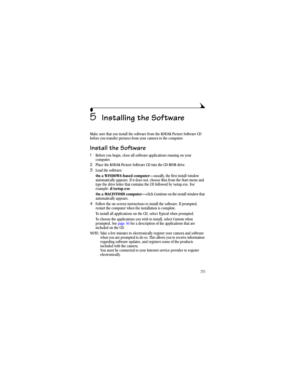 5 installing the software, Install the software, Installing the software | Kodak DX3500 User Manual | Page 43 / 92