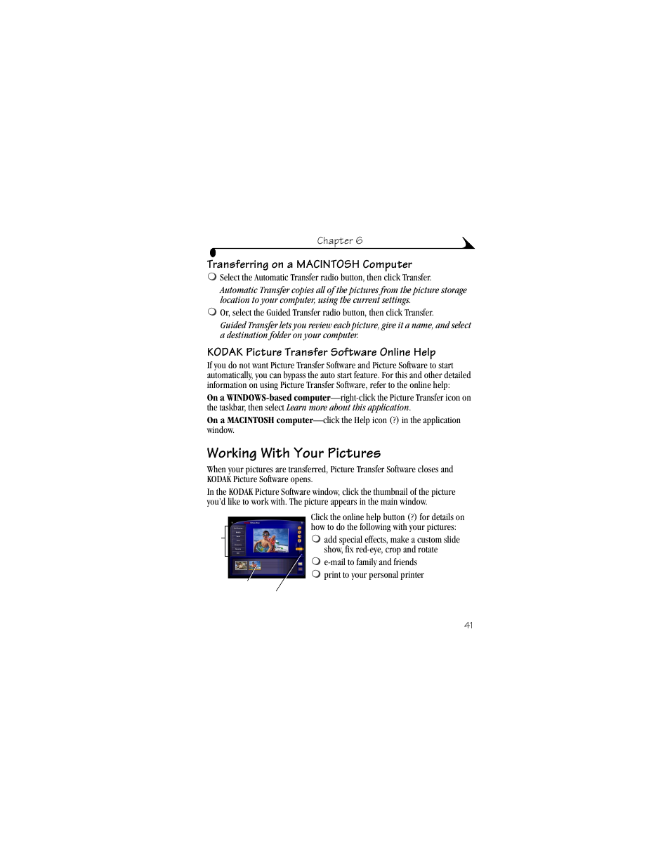 Transferring on a macintosh computer, Kodak picture transfer software online help, Working with your pictures | Kodak DX3500 User Manual | Page 49 / 92