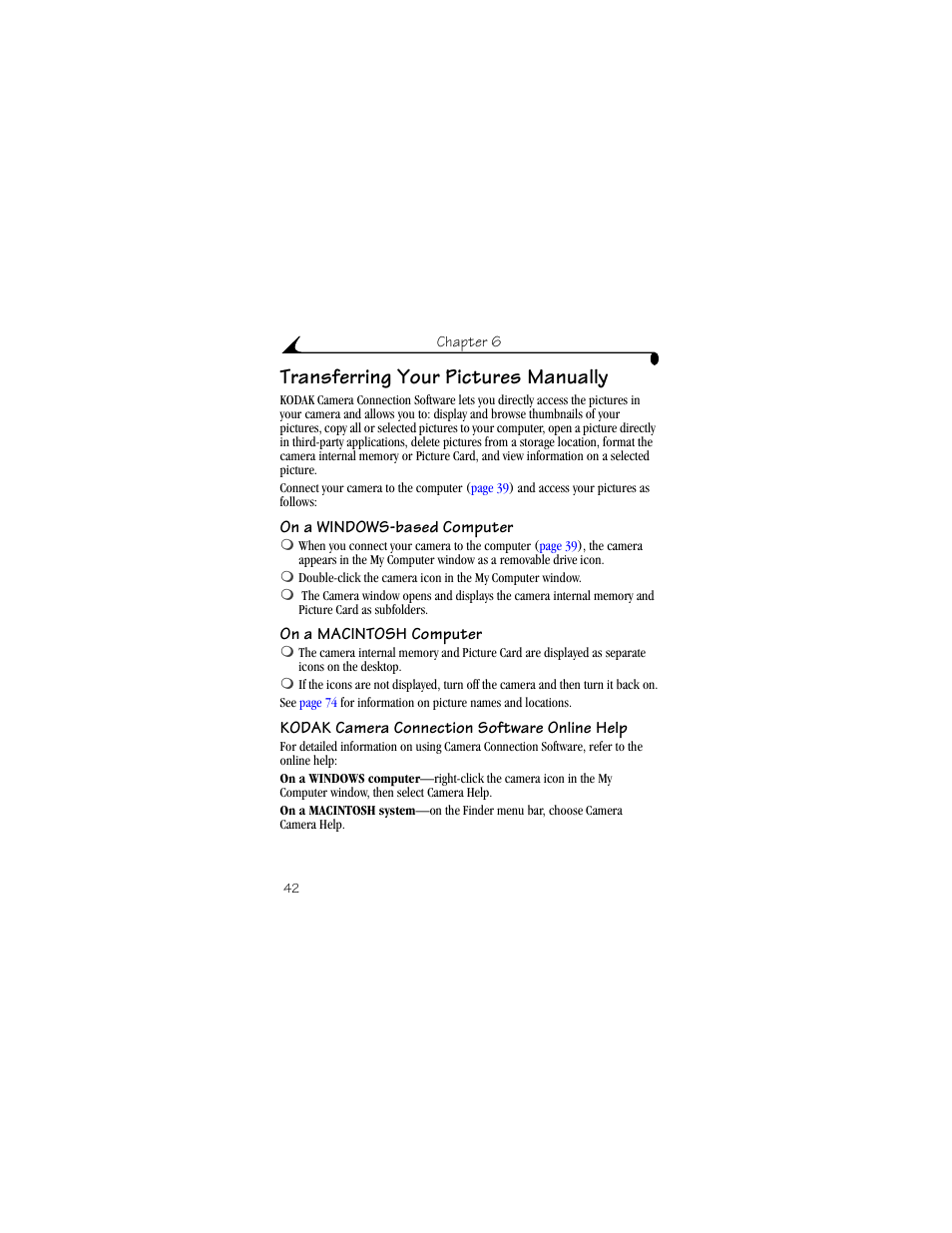 Transferring your pictures manually, On a windows-based computer, On a macintosh computer | Kodak camera connection software online help | Kodak DX3500 User Manual | Page 50 / 92