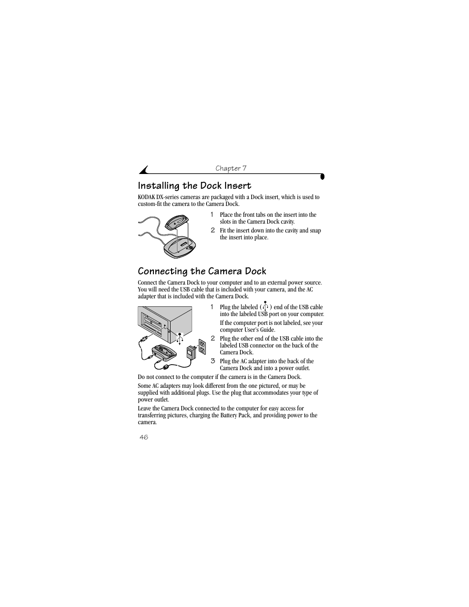 Installing the dock insert, Connecting the camera dock | Kodak DX3500 User Manual | Page 54 / 92