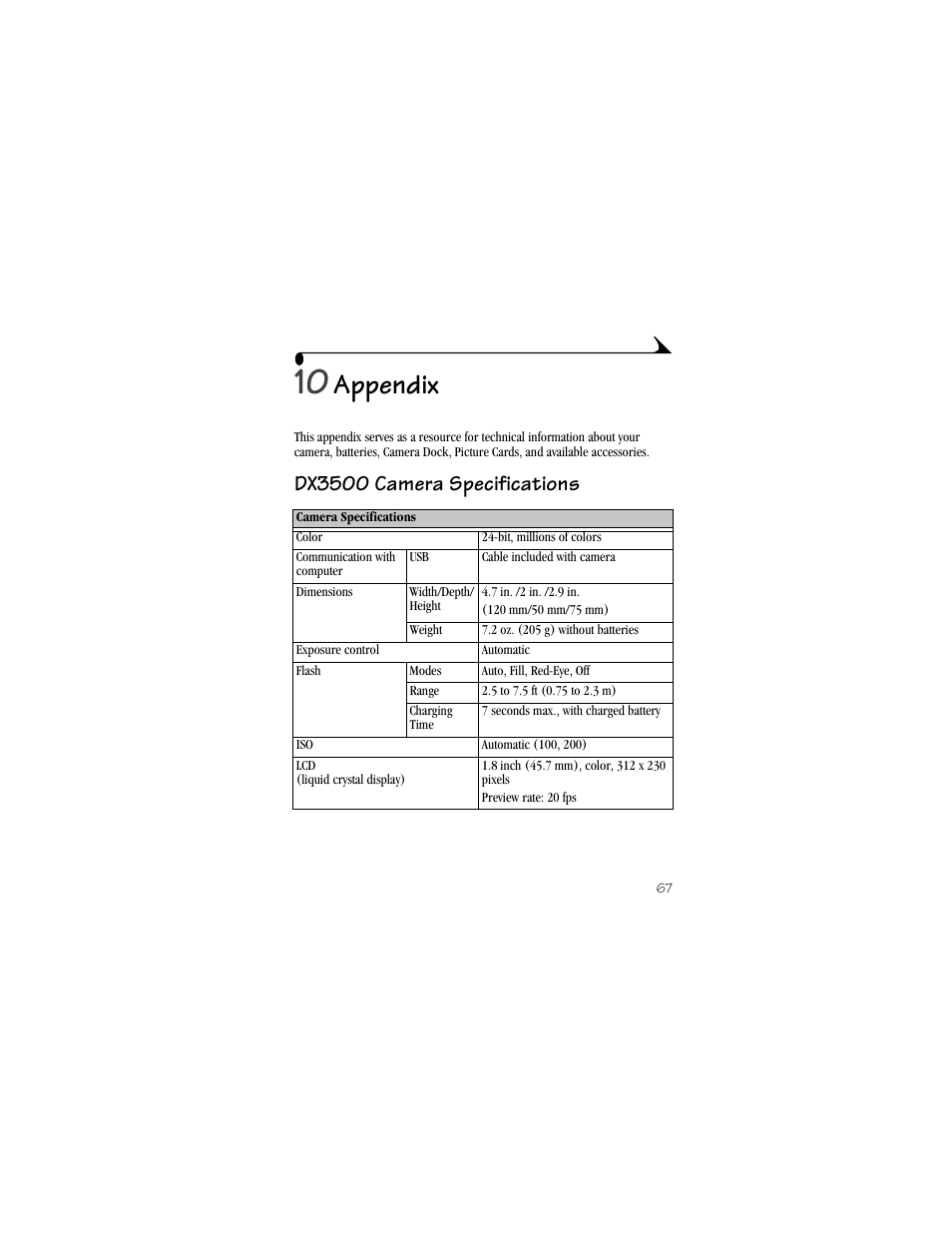 10 appendix, Dx3500 camera specifications, Appendix | Kodak DX3500 User Manual | Page 75 / 92
