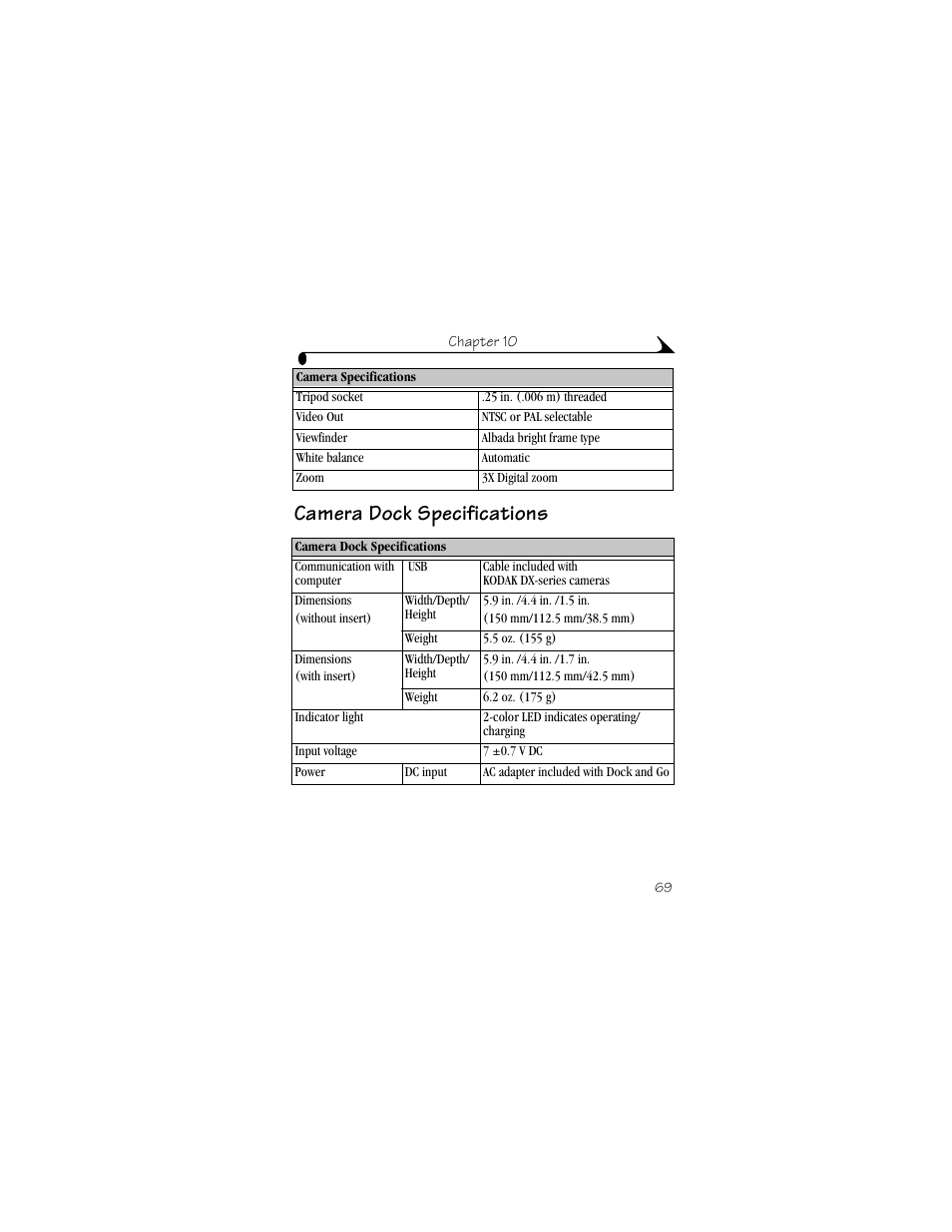 Camera dock specifications | Kodak DX3500 User Manual | Page 77 / 92