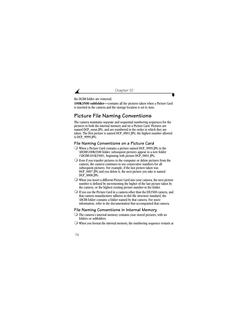 Picture file naming conventions, File naming conventions on a picture card, File naming conventions in internal memory | Kodak DX3500 User Manual | Page 82 / 92