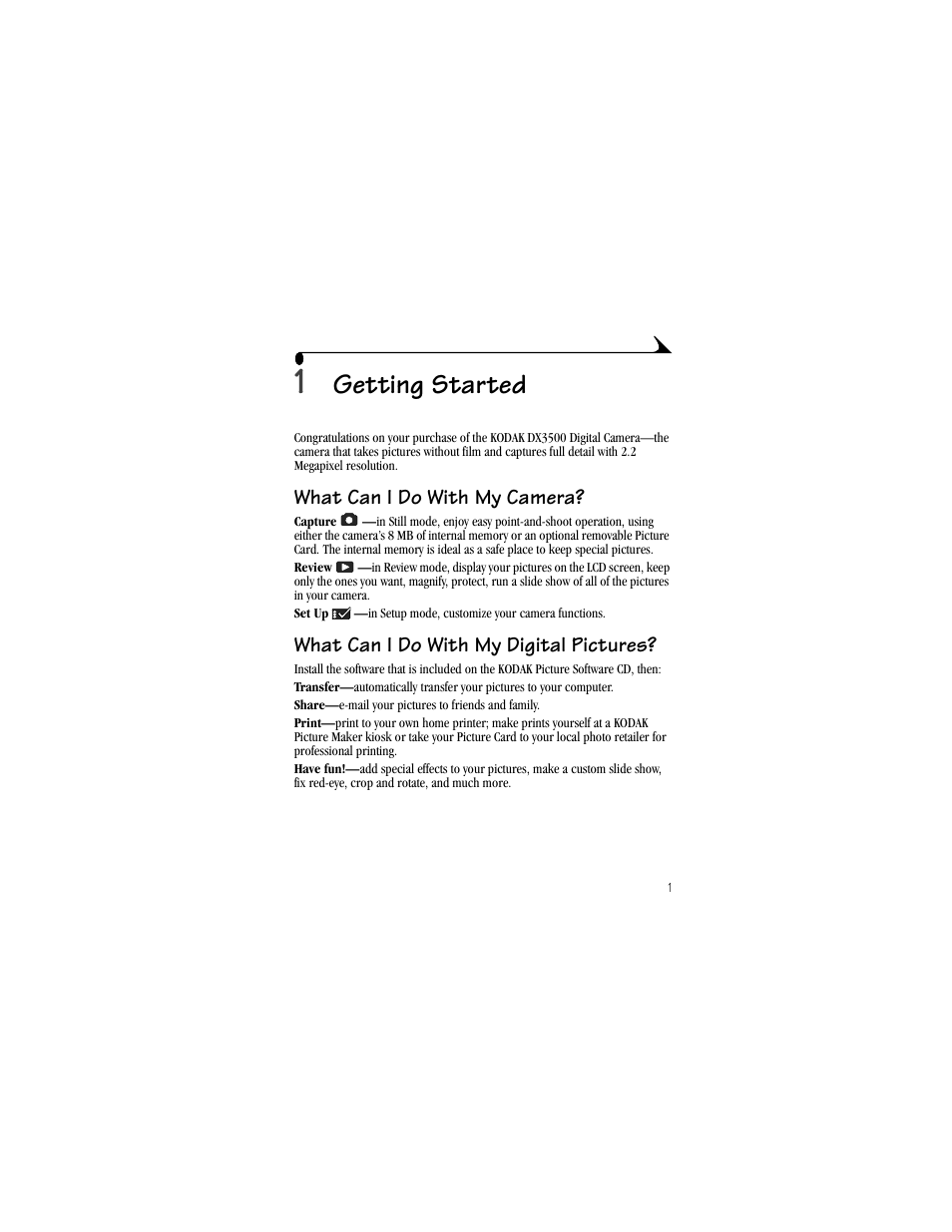1 getting started, What can i do with my camera, What can i do with my digital pictures | Getting started | Kodak DX3500 User Manual | Page 9 / 92