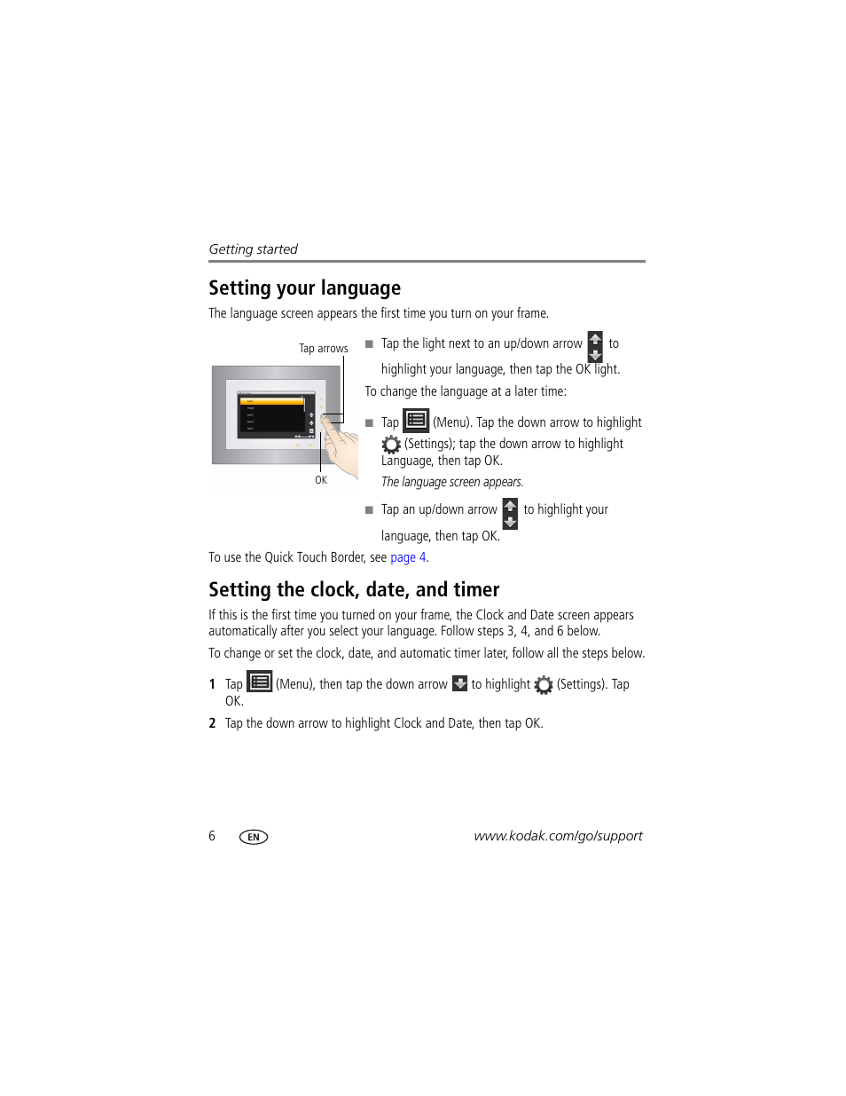 Setting your language, Setting the clock, date, and timer | Kodak P730M User Manual | Page 12 / 52