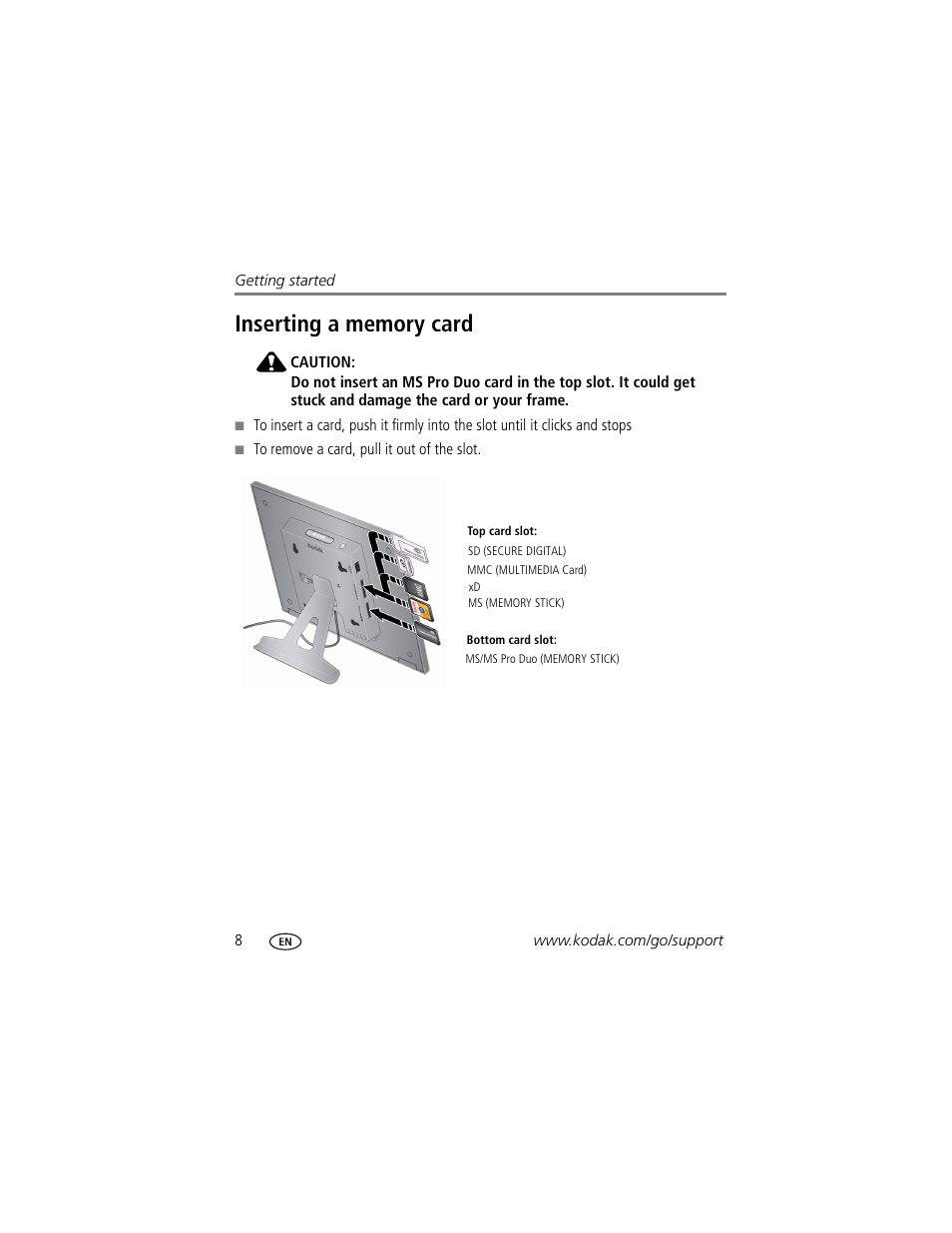 Inserting a memory card | Kodak P730M User Manual | Page 14 / 52