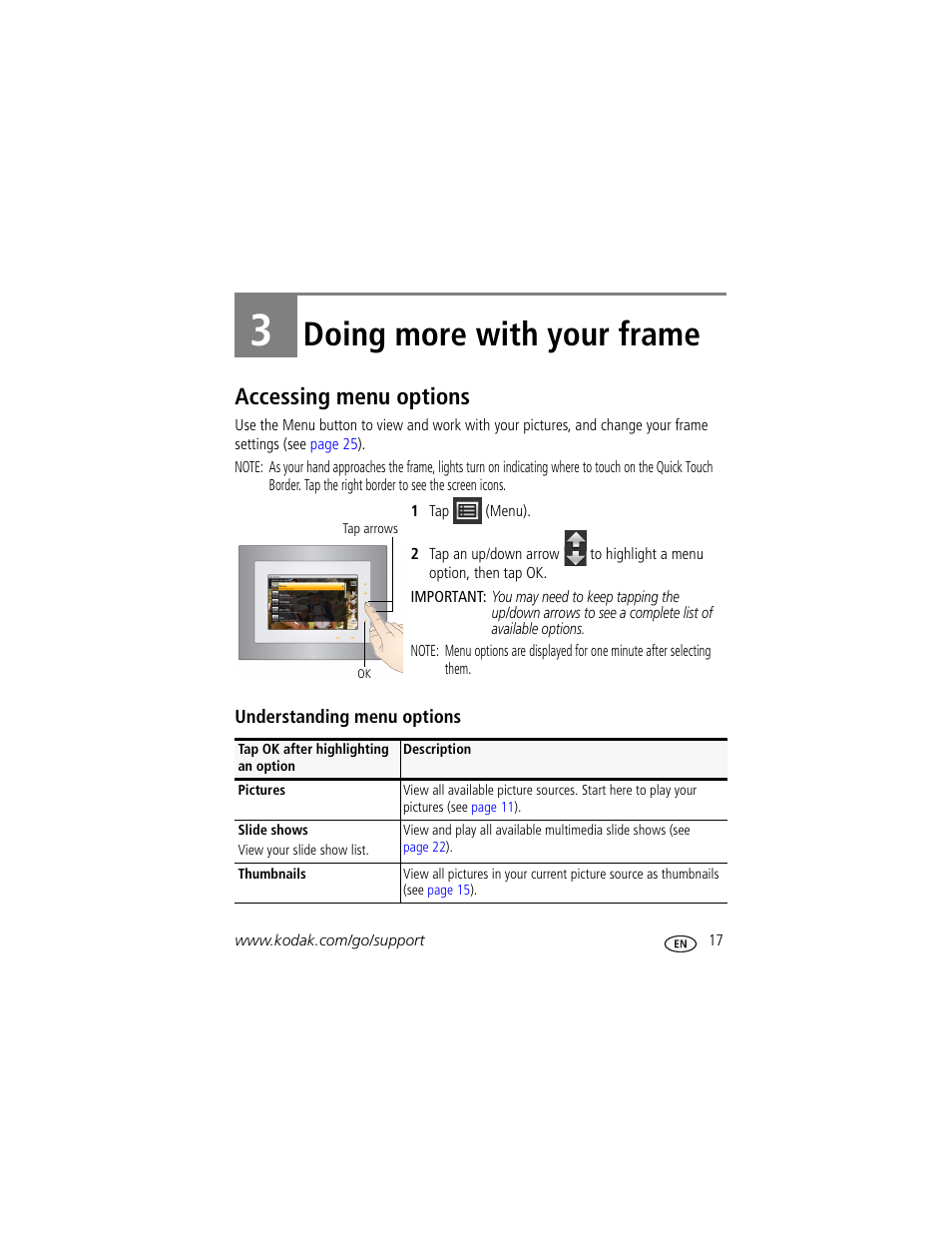 Doing more with your frame, Accessing menu options, Understanding menu options | 3 doing more with your frame | Kodak P730M User Manual | Page 23 / 52