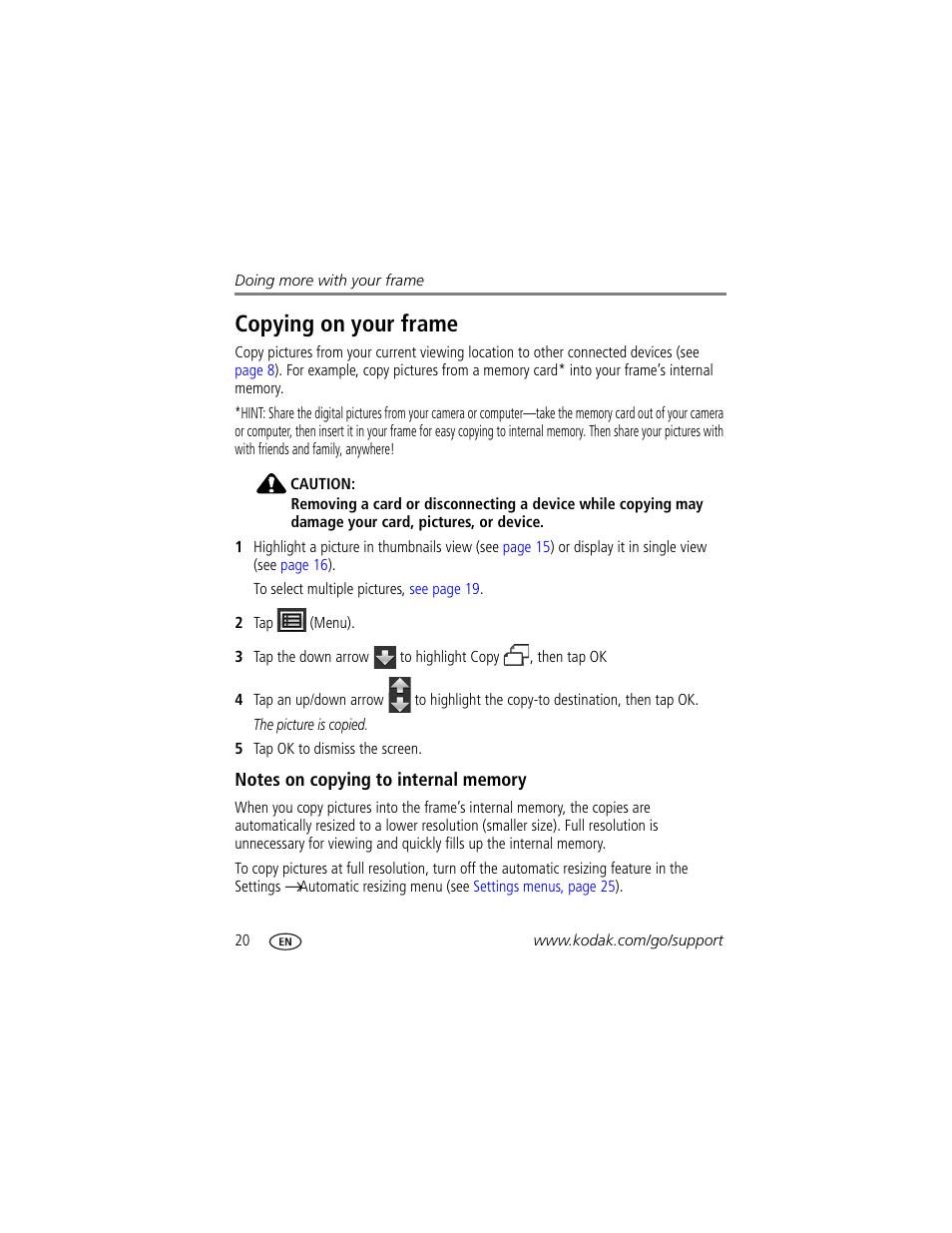 Copying on your frame, Notes on copying to internal memory | Kodak P730M User Manual | Page 26 / 52