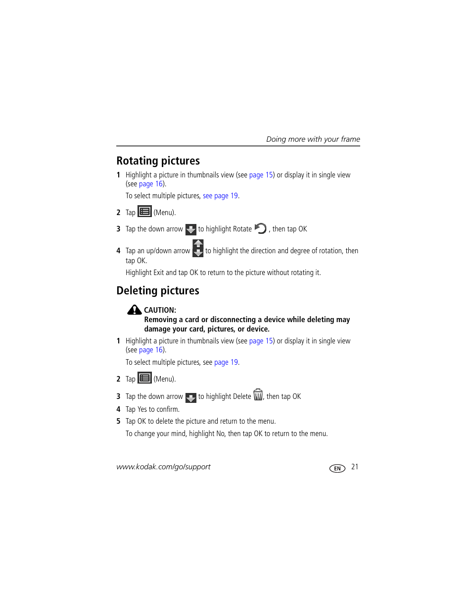 Rotating pictures, Deleting pictures, Rotating pictures deleting pictures | Kodak P730M User Manual | Page 27 / 52