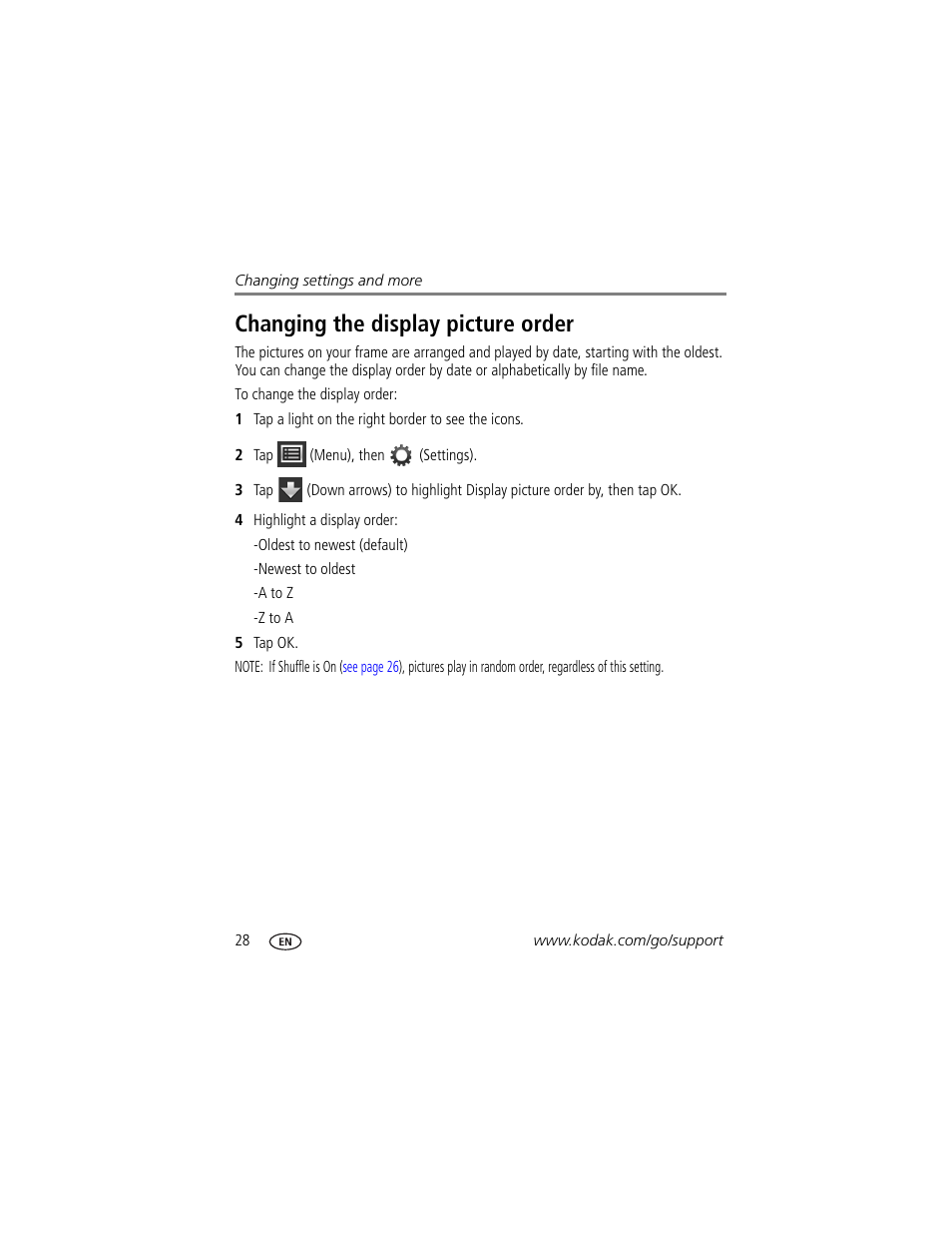 Changing the display picture order, Changing the | Kodak P730M User Manual | Page 34 / 52