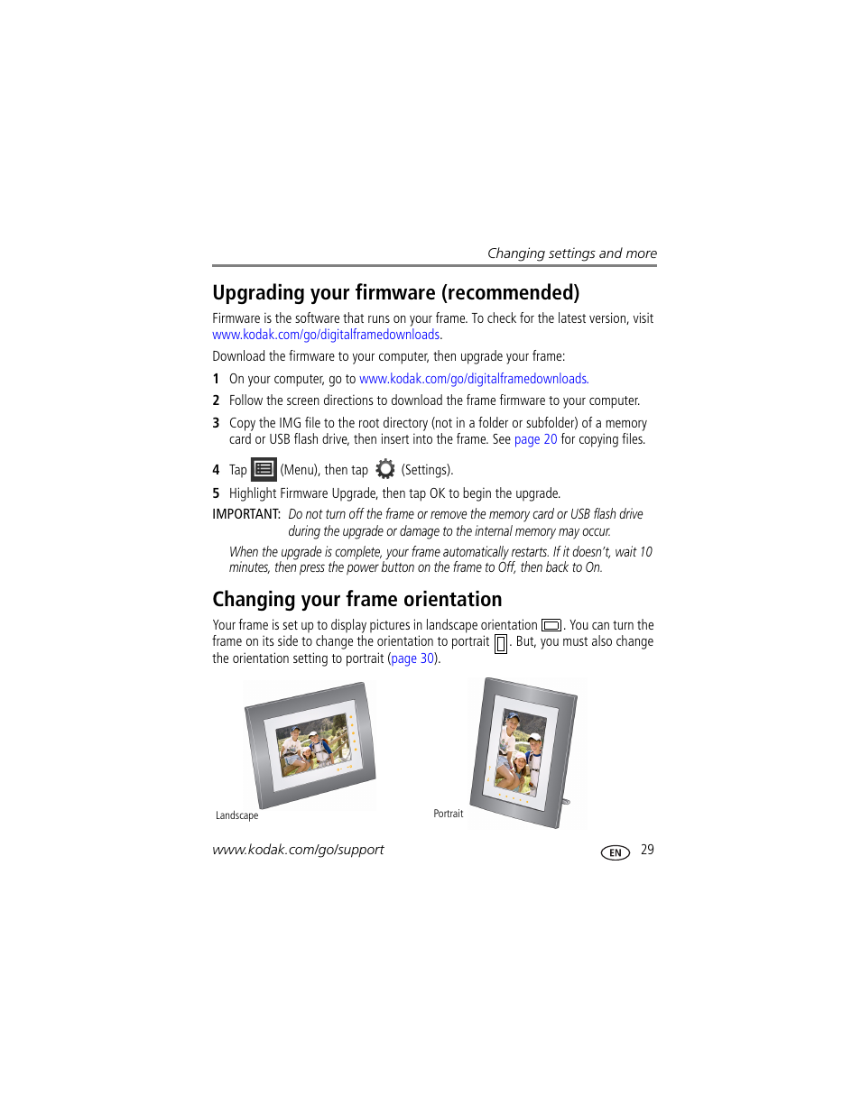 Upgrading your firmware (recommended), Changing your frame orientation | Kodak P730M User Manual | Page 35 / 52