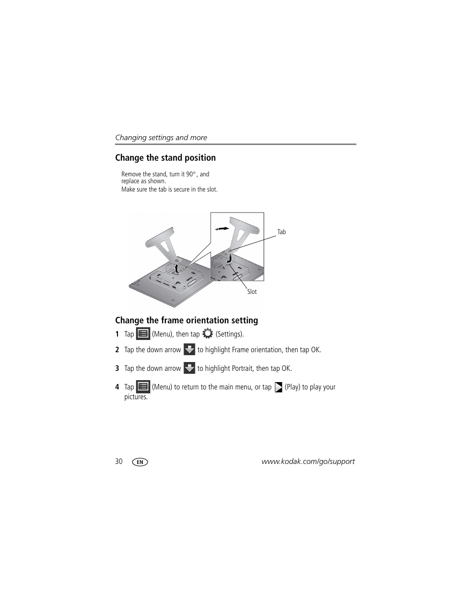 Change the stand position, Change the frame orientation setting | Kodak P730M User Manual | Page 36 / 52