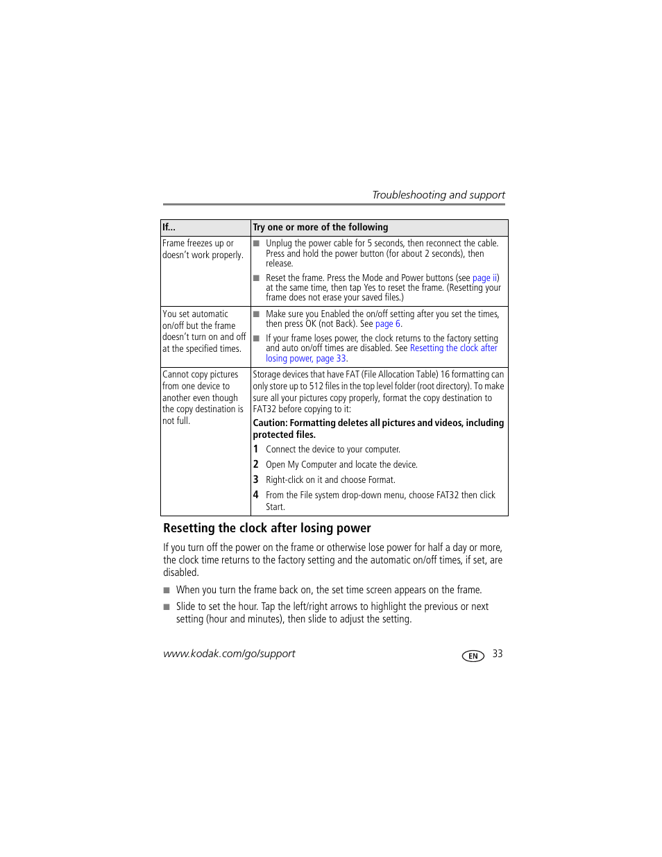 Resetting the clock after losing power | Kodak P730M User Manual | Page 39 / 52