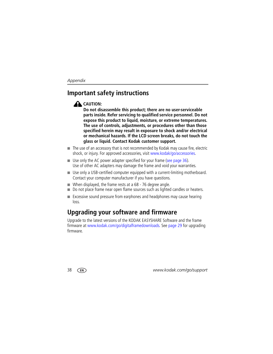 Important safety instructions, Upgrading your software and firmware | Kodak P730M User Manual | Page 44 / 52