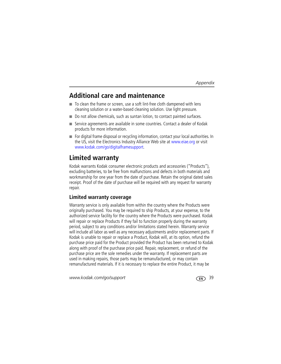 Additional care and maintenance, Limited warranty, Limited warranty coverage | Additional care and maintenance limited warranty | Kodak P730M User Manual | Page 45 / 52