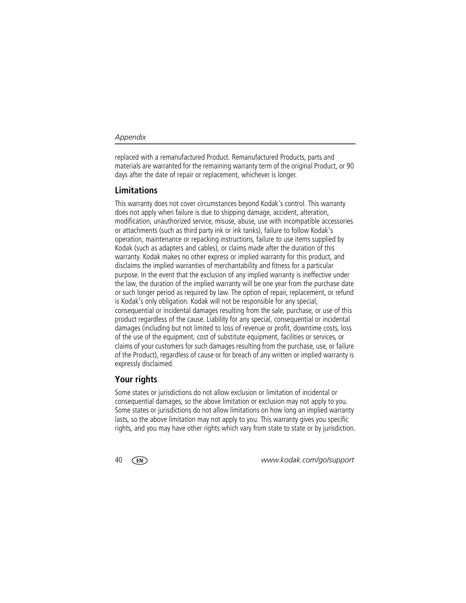 Limitations, Your rights | Kodak P730M User Manual | Page 46 / 52