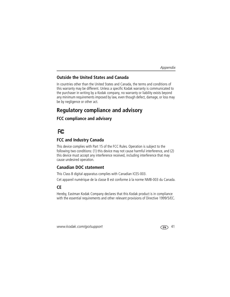 Outside the united states and canada, Regulatory compliance and advisory, Fcc compliance and advisory | Fcc and industry canada, Canadian doc statement | Kodak P730M User Manual | Page 47 / 52