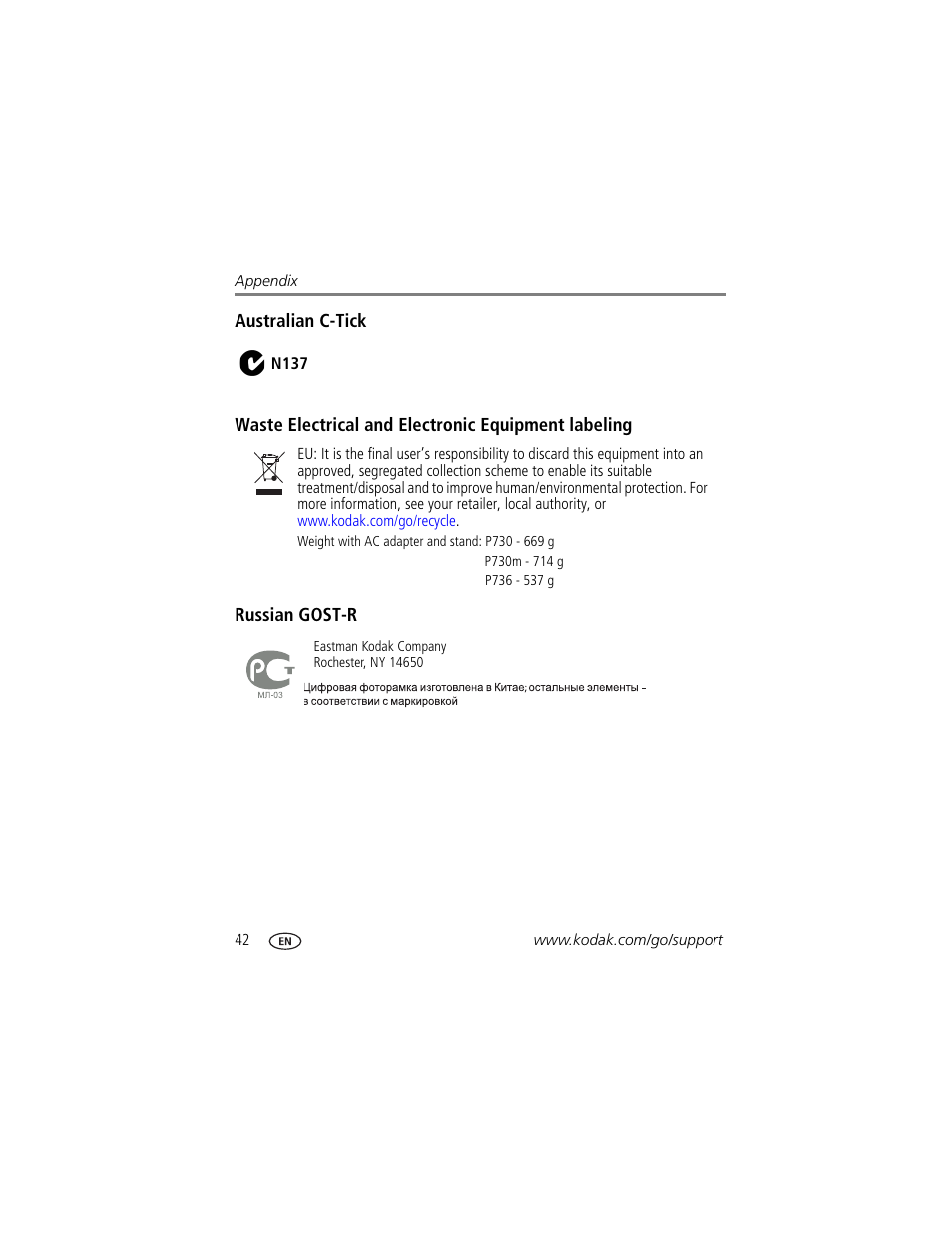 Australian c-tick, Waste electrical and electronic equipment labeling, Russian gost-r | Kodak P730M User Manual | Page 48 / 52