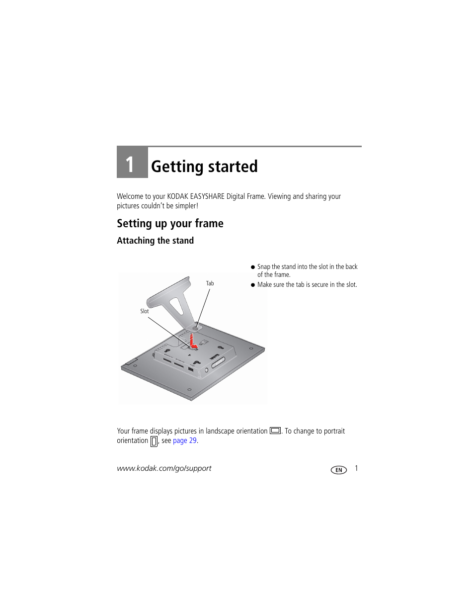 Getting started, Setting up your frame, Attaching the stand | 1 getting started | Kodak P730M User Manual | Page 7 / 52