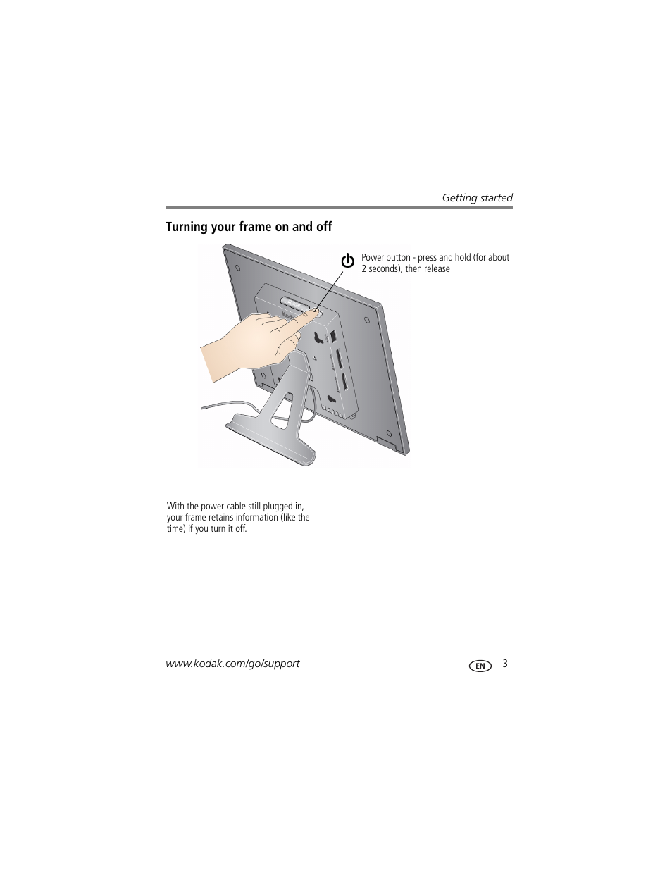 Turning your frame on and off | Kodak P730M User Manual | Page 9 / 52