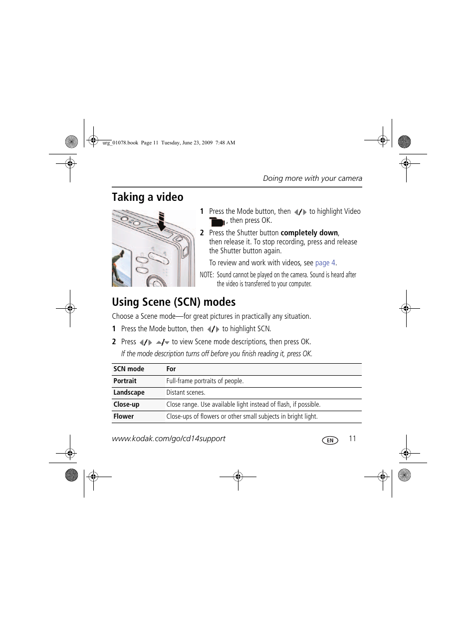 Taking a video, Using scene (scn) modes | Kodak EASYSHARE CD14 User Manual | Page 11 / 26