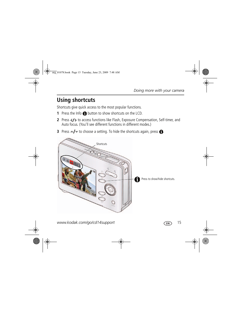 Using shortcuts | Kodak EASYSHARE CD14 User Manual | Page 15 / 26