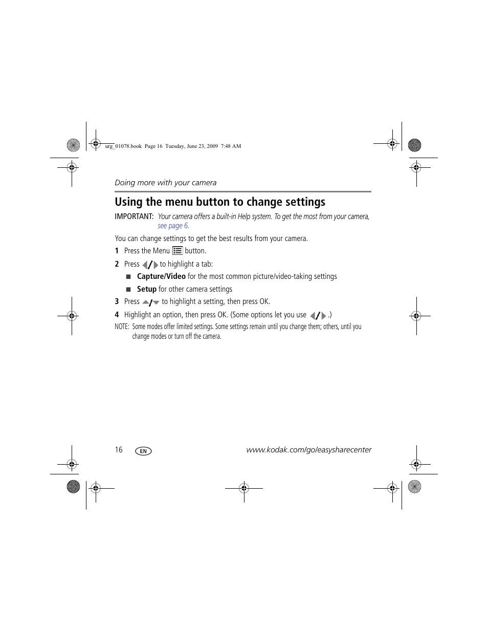 Using the menu button to change settings | Kodak EASYSHARE CD14 User Manual | Page 16 / 26