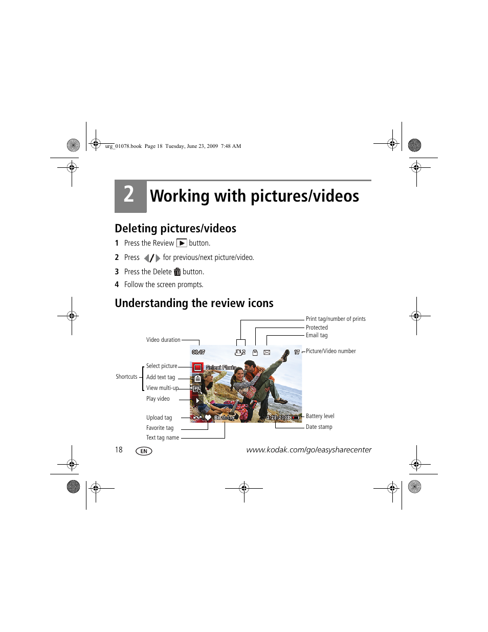 Working with pictures/videos, Deleting pictures/videos, Understanding the review icons | Kodak EASYSHARE CD14 User Manual | Page 18 / 26