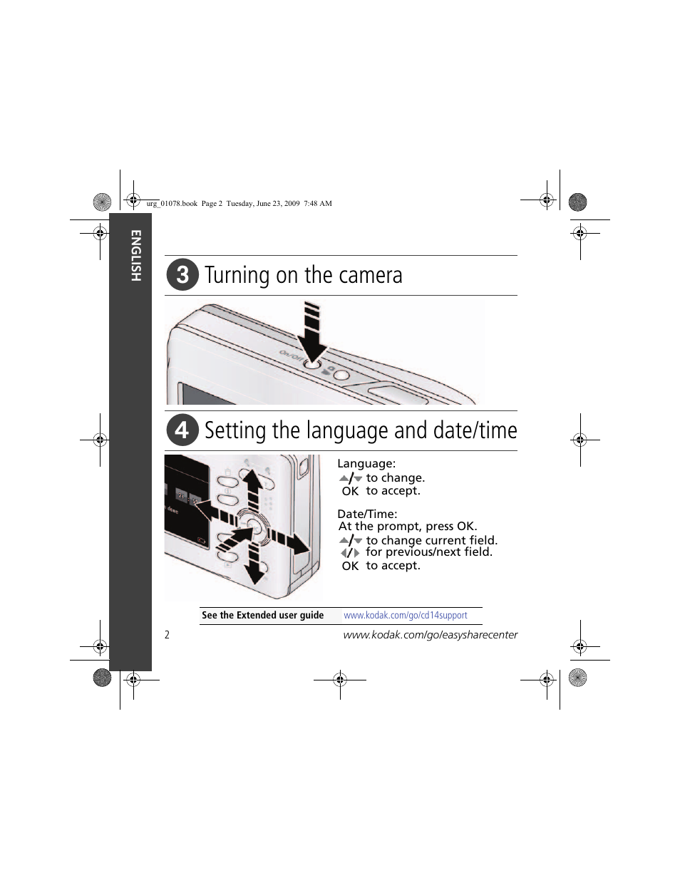 Turning on the camera, Setting the language and date/time | Kodak EASYSHARE CD14 User Manual | Page 2 / 26