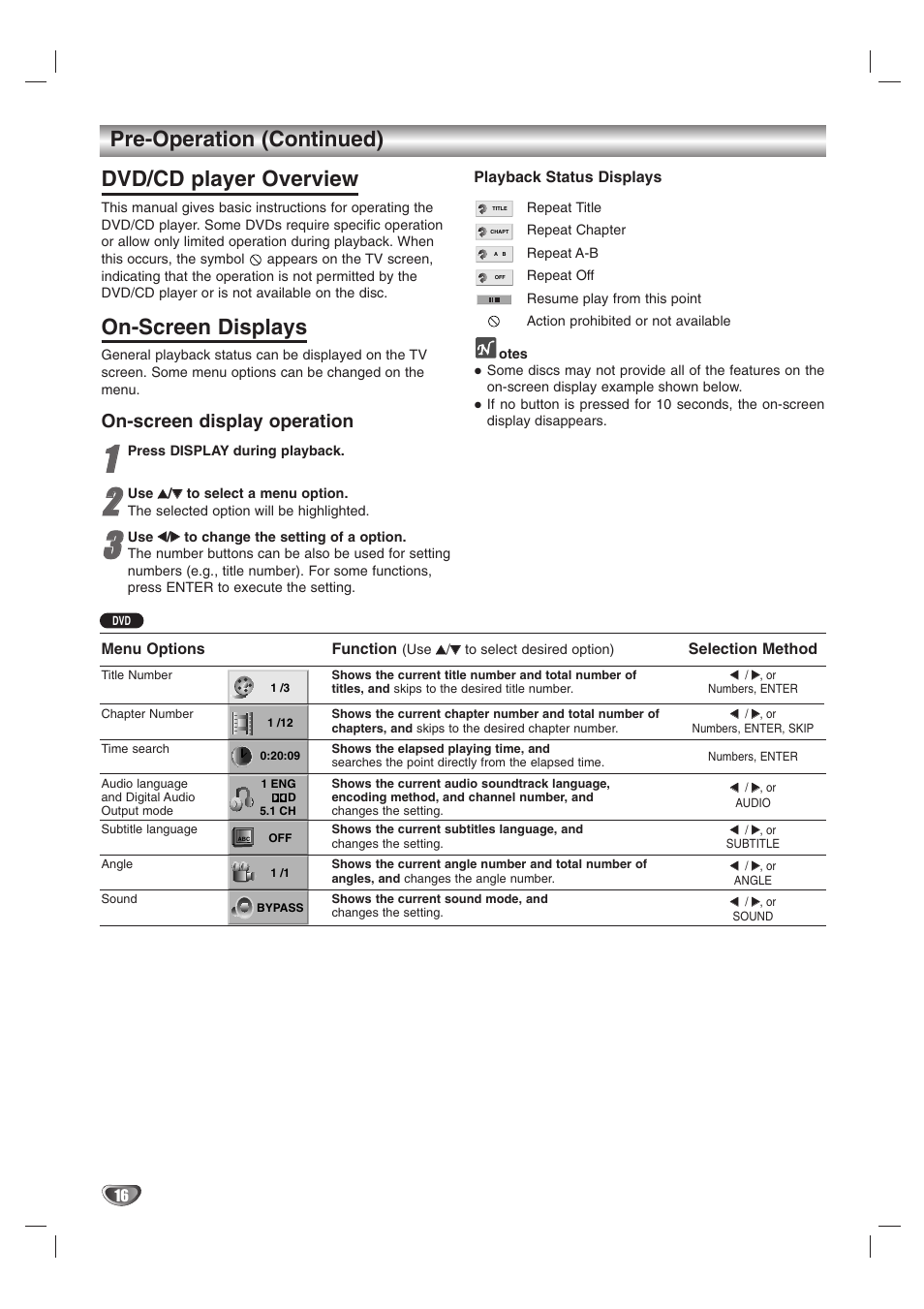 Pre-operation (continued) dvd/cd player overview, On-screen displays, On-screen display operation | Kodak DVT412 User Manual | Page 16 / 36