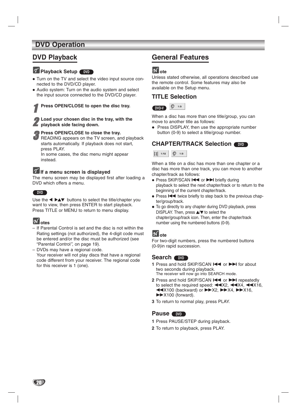 Dvd operation dvd playback, General features | Kodak DVT412 User Manual | Page 20 / 36
