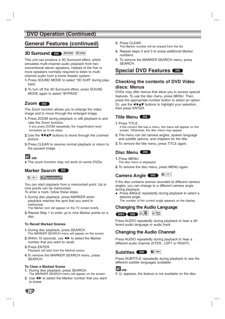 Special dvd features, 3d surround, Zoom | Marker search, Checking the contents of dvd video discs: menus, Title menu, Disc menu, Camera angle, Changing the audio language, Changing the audio channel | Kodak DVT412 User Manual | Page 22 / 36