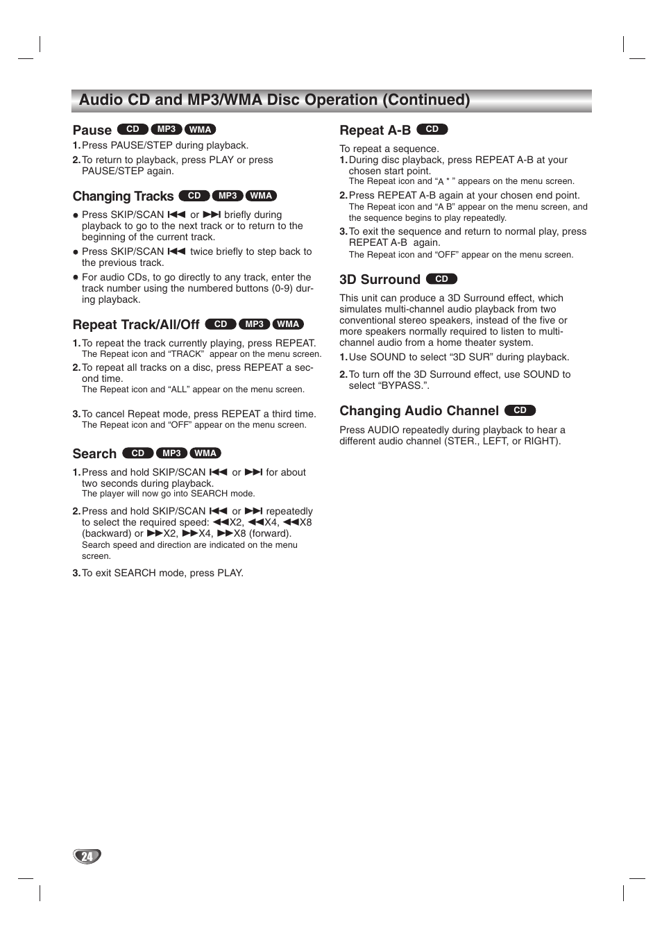Audio cd and mp3/wma disc operation (continued), Pause, Changing tracks | Repeat track/all/off, Search, Repeat a-b, 3d surround, Changing audio channel | Kodak DVT412 User Manual | Page 24 / 36