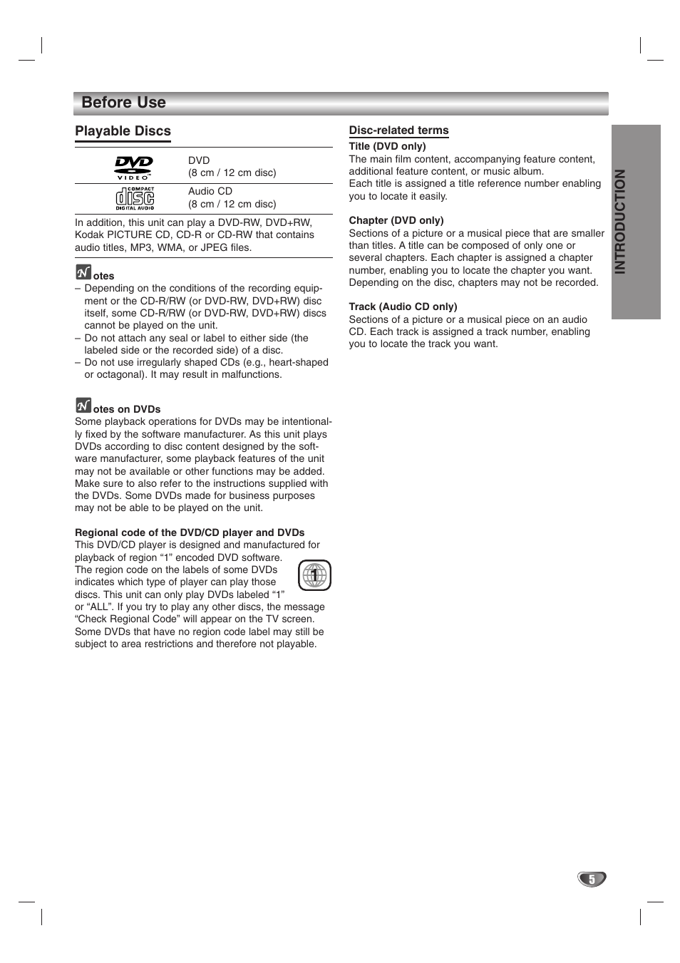 Before use, Introduction, Playable discs | Kodak DVT412 User Manual | Page 5 / 36