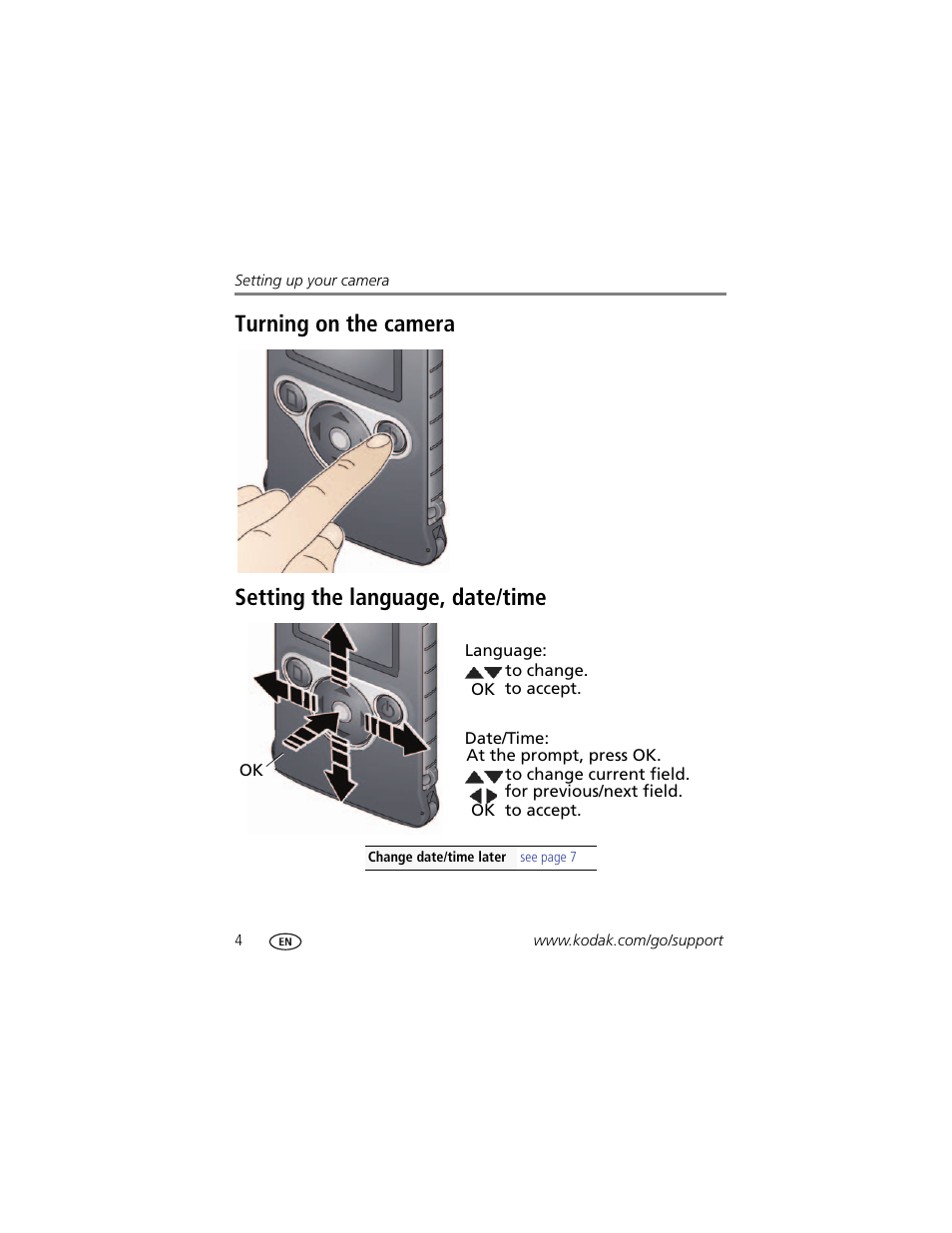Turning on the camera, Setting the language, date/time | Kodak ZM1 User Manual | Page 10 / 26