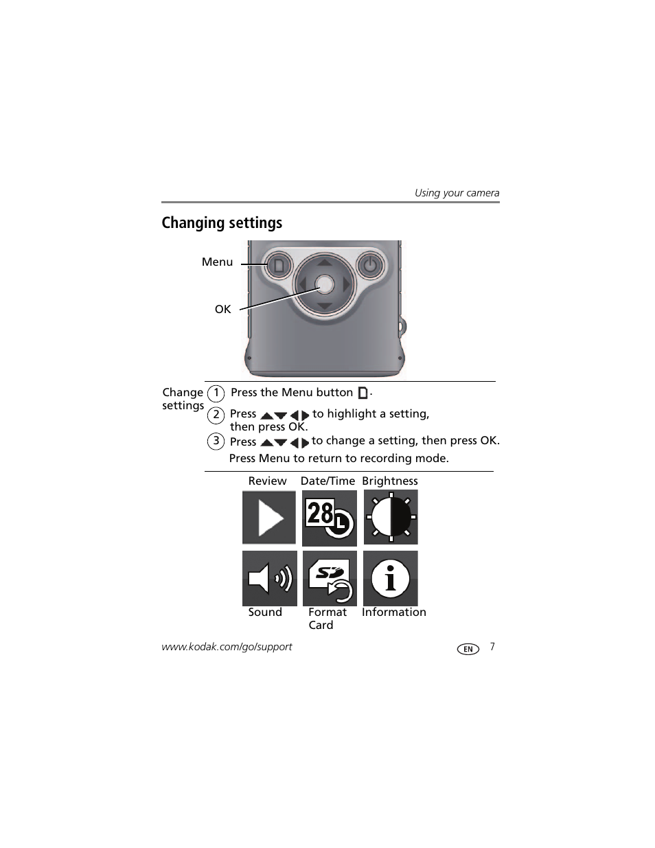Changing settings | Kodak ZM1 User Manual | Page 13 / 26