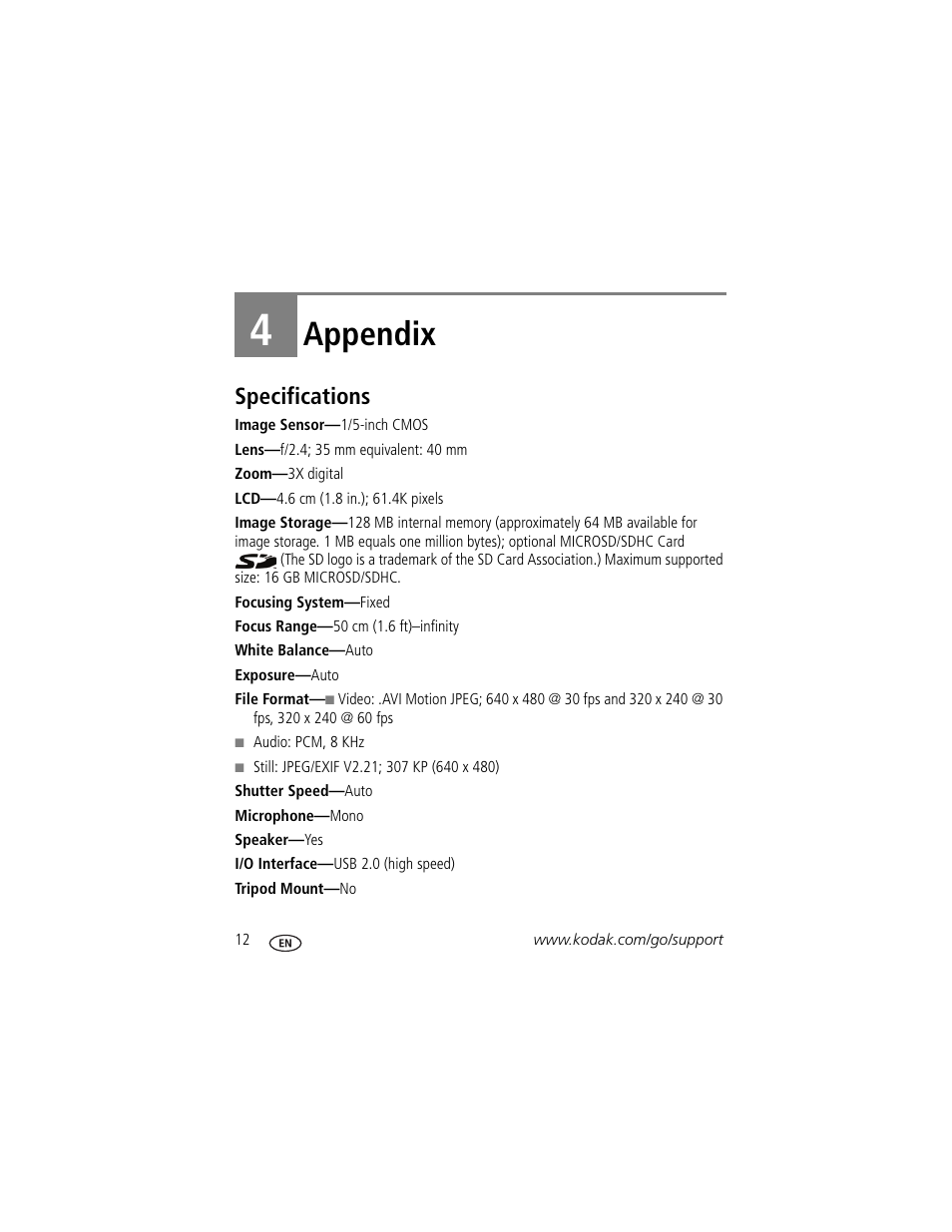 Appendix, Specifications, 4 appendix | Kodak ZM1 User Manual | Page 18 / 26
