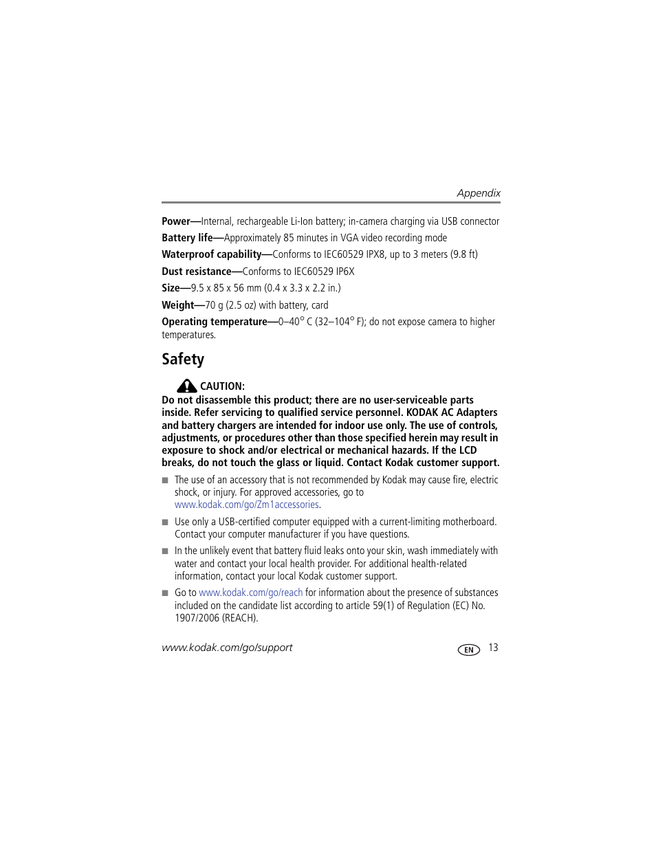 Safety | Kodak ZM1 User Manual | Page 19 / 26