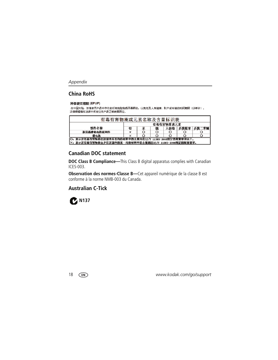 China rohs, Canadian doc statement, Australian c-tick | Kodak ZM1 User Manual | Page 24 / 26