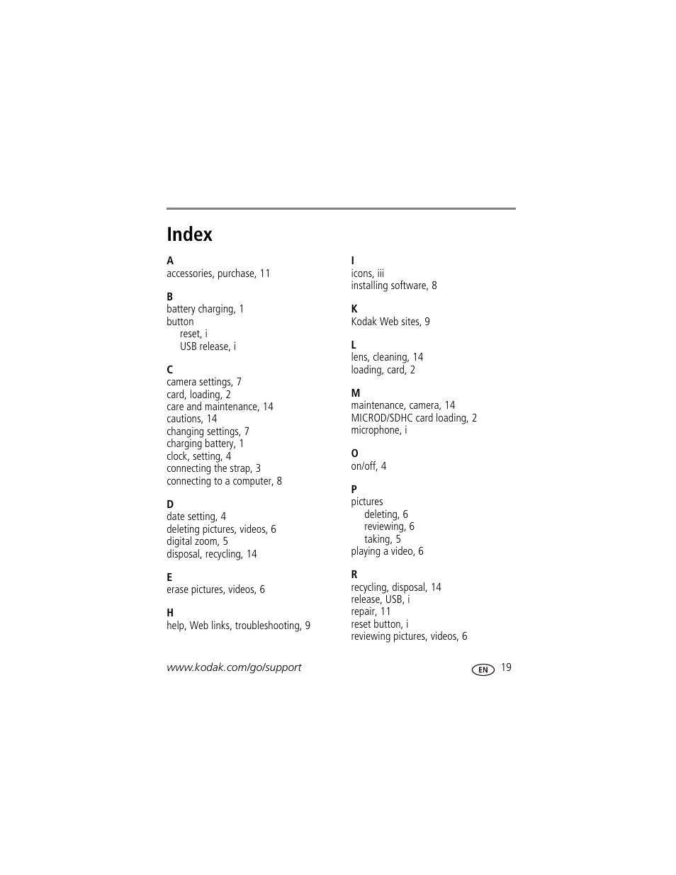 Index | Kodak ZM1 User Manual | Page 25 / 26