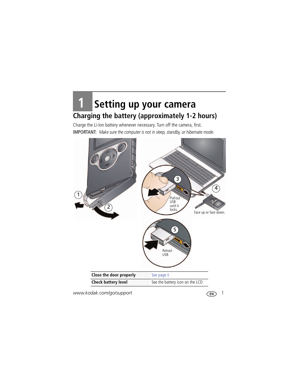 Setting up your camera, Charging the battery (approximately 1-2 hours), 1 setting up your camera | Charging the battery (approximately 1 hour) | Kodak ZM1 User Manual | Page 7 / 26