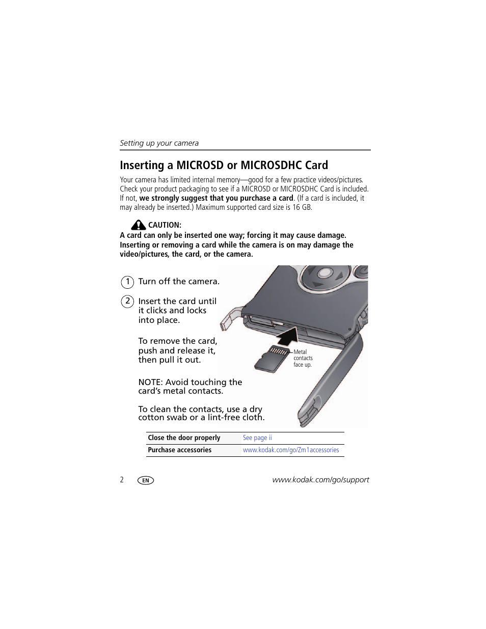 Inserting a microsd or microsdhc card | Kodak ZM1 User Manual | Page 8 / 26