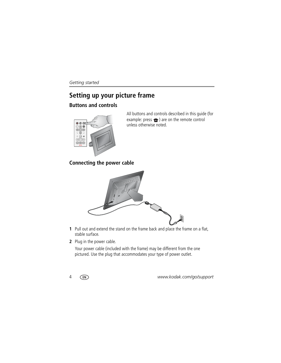 Setting up your picture frame, Buttons and controls, Connecting the power cable | Kodak EX1011 User Manual | Page 10 / 60