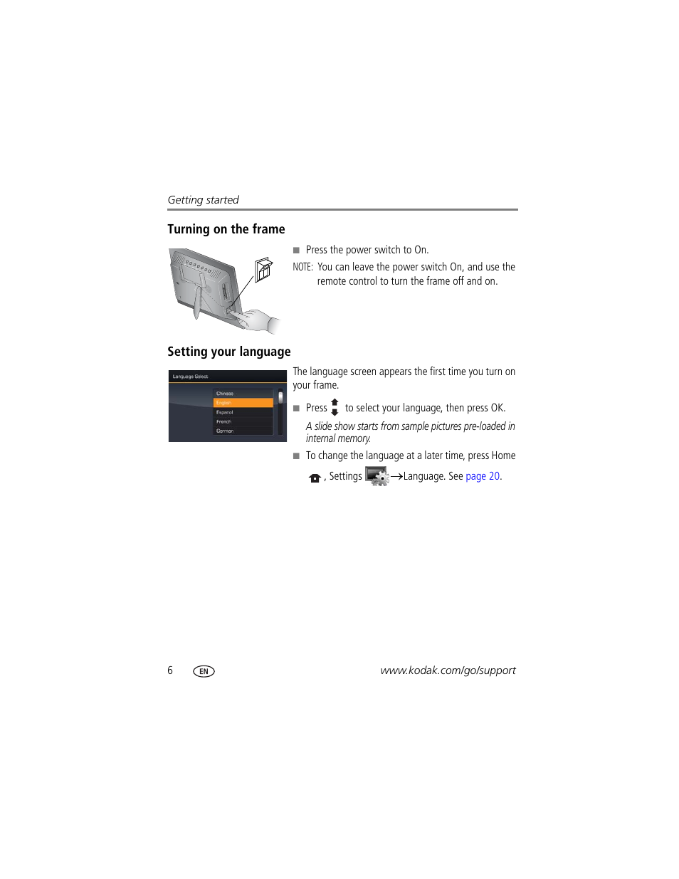 Turning on the frame, Setting your language | Kodak EX1011 User Manual | Page 12 / 60