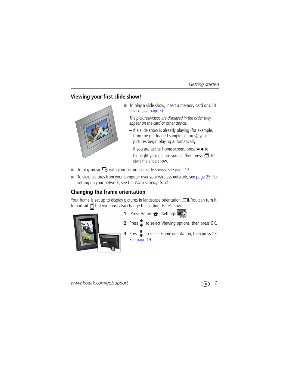 Viewing your first slide show, Changing the frame orientation | Kodak EX1011 User Manual | Page 13 / 60