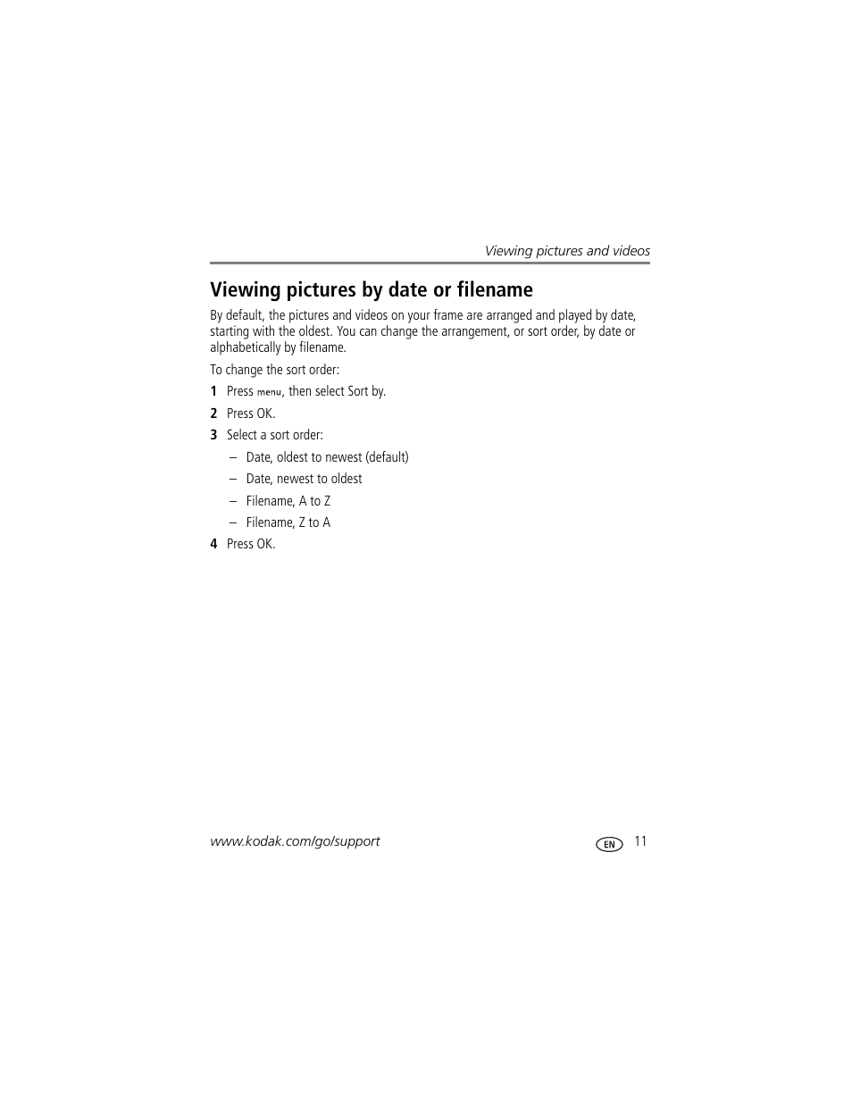 Viewing pictures by date or filename | Kodak EX1011 User Manual | Page 17 / 60